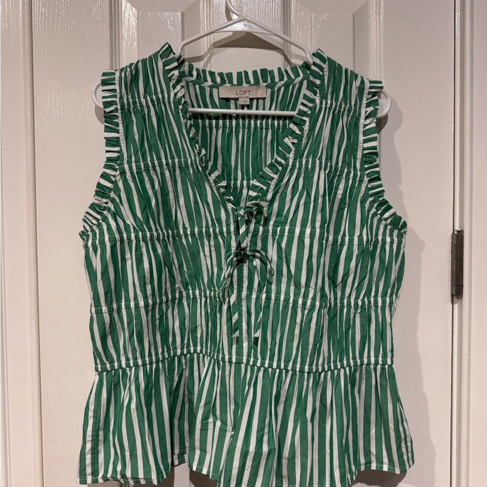 LOFT Green and White Striped Sleeveless Blouse